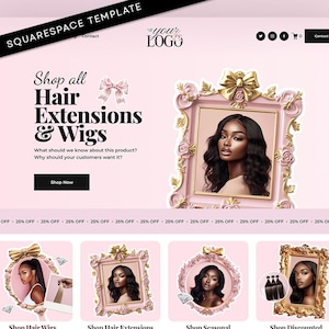Hair Extensions, Wig Website, Squarespace Template, Hair Business, Hair Extensions, Hair Wig, Hair Entrepreneur, Premade Beauty, Pink Site