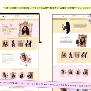May include: A website template for hair extensions and wigs, displayed on a laptop screen. The design features a soft pink and gold color scheme, with images of hair products and models. Text includes "Hair Extensions & Wigs" and "No Coding Required! Easy Drag and Drop Builder."