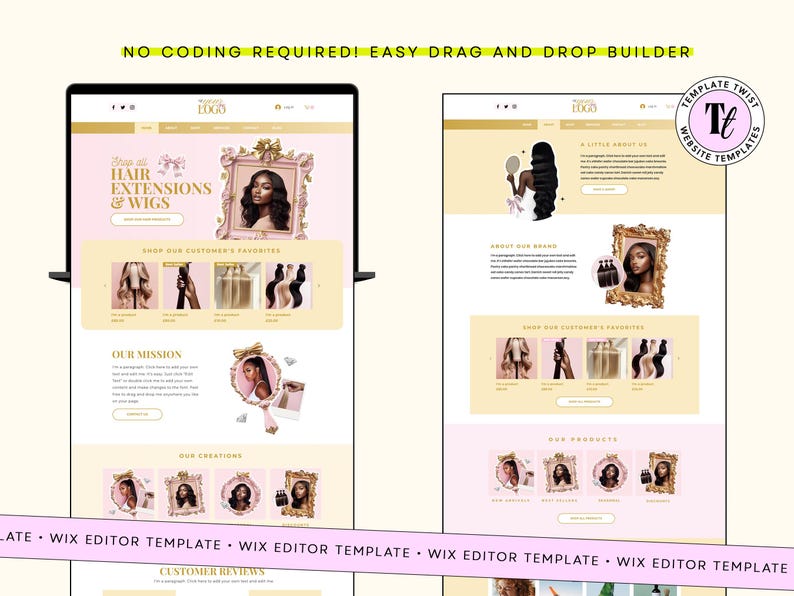 May include: A website template for hair extensions and wigs, displayed on a laptop screen. The design features a soft pink and gold color scheme, with images of hair products and models. Text includes "Hair Extensions & Wigs" and "No Coding Required! Easy Drag and Drop Builder."