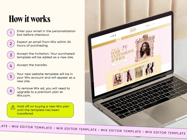 May include: A laptop displays a website for hair extensions and wigs. The screen shows a pink and gold design with images of hair products. Text on the screen reads "Hair Extensions & Wigs". The laptop is open on a light-colored surface.
