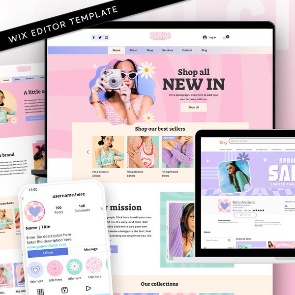 Pink Wix Template Website bundle, ecommerce pink retro website for clothing boutiques, jewellery stores, nail salons and more