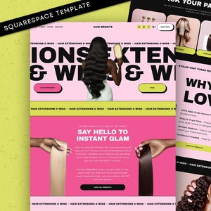 Może przedstawiać: Szablon Squarespace dla strony internetowej z włosami, z różowymi i czarnymi układami. Projekt prezentuje przedłużenia włosów i peruki, z tekstem "IONS & WIGS" i "SAY HELLO TO INSTANT GLAM". Obraz zawiera zdjęcia produktów i nawigację po stronie.