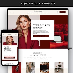 May include: A website template shown on a laptop and smartphone. The website has a red and white design, with the text "YOUR MISSION statement" and "YOUR LIST OF services HERE!". The top of the image reads "SQUARESPACE TEMPLATE".