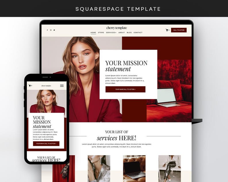 Moody Squarespace website template: dark, atmospheric layout with deep tones, large hero image, overlay text, navigation bar, content sections (services, about, portfolio), and elegant typography.