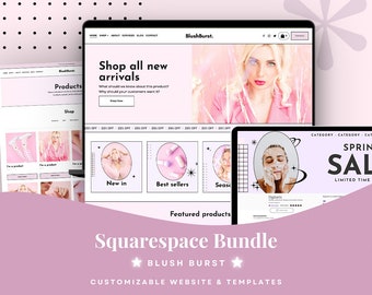 May include: A digital Squarespace website template bundle titled Blush Burst, featuring a light pink colour scheme, multiple screen mockups displaying web layouts with product photography, navigation menus, and promotional text for a spring sale.