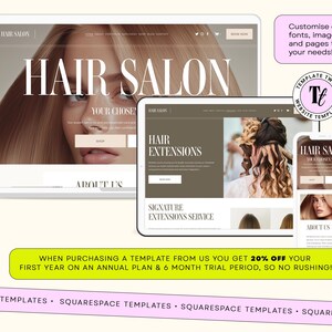 Peut inclure: Maquette de site web pour un salon de coiffure, affich&eacute;e sur un ordinateur portable, une tablette et un smartphone. La conception pr&eacute;sente les mots "Hair Salon" et "Hair Extensions". Le texte "Personnalisez les couleurs, les polices, les images, le texte et les pages pour r&eacute;pondre &agrave; vos besoins !"