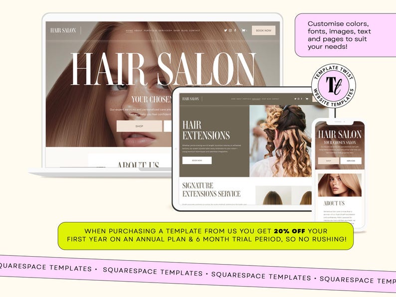Peut inclure: Maquette de site web pour un salon de coiffure, affich&eacute;e sur un ordinateur portable, une tablette et un smartphone. La conception pr&eacute;sente les mots "Hair Salon" et "Hair Extensions". Le texte "Personnalisez les couleurs, les polices, les images, le texte et les pages pour r&eacute;pondre &agrave; vos besoins !"