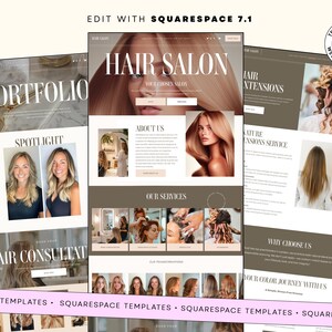 Peut inclure: Mod&egrave;le de site web pour un salon de coiffure, pr&eacute;sentant diff&eacute;rentes pages telles qu'un portfolio, des services et des extensions de cheveux. Le design pr&eacute;sente des images de coiffures et de services de salon, avec le texte "HAIR SALON" et "SQUARESPACE TEMPLATES".