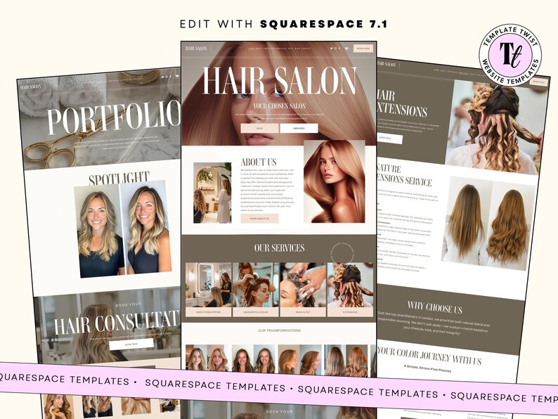 Peut inclure: Mod&egrave;le de site web pour un salon de coiffure, pr&eacute;sentant diff&eacute;rentes pages telles qu'un portfolio, des services et des extensions de cheveux. Le design pr&eacute;sente des images de coiffures et de services de salon, avec le texte "HAIR SALON" et "SQUARESPACE TEMPLATES".