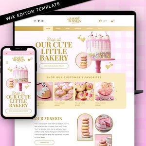 May include: A website homepage for a bakery business called "Bakery Business" with a pink and white color scheme. The website features a large image of a pink and white cake with sprinkles and a pink cherry on top. The text "Shop all our cute little bakery" is displayed in a gold font. The website also features images of other bakery items, such as donuts, cookies, and cupcakes.