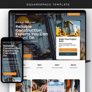 Może przedstawiać: Szablon strony internetowej Squarespace dla usług budowlanych wyświetlony na laptopie i smartfonie. Projekt zawiera pomarańczowe akcenty, pogrubiony biały tekst oraz zdjęcia maszyn budowlanych i pracowników na białym tle.