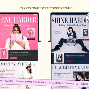 May include: Two website templates featuring the text SHINE HARDER: Building a Business That Turns Heads. The left template uses a pink color scheme with a person holding a pink book. The right template uses a blue color scheme with a person holding a disco ball.