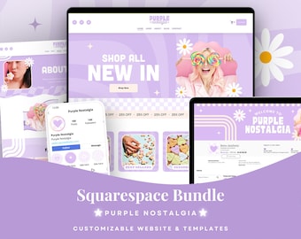 May include: A digital Squarespace website template bundle titled Purple Nostalgia featuring a light purple colour palette with daisy graphics, checkerboard patterns, and various web page layouts including a shop, about, and social media profile.