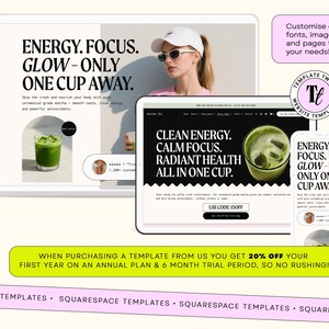 Pu&ograve; includere: Immagine di marketing digitale che mostra modelli di siti Web su laptop, tablet e smartphone. Il design presenta una donna con berretto bianco e occhiali da sole e il testo "ENERGY. FOCUS. GLOW - ONLY ONE CUP AWAY."