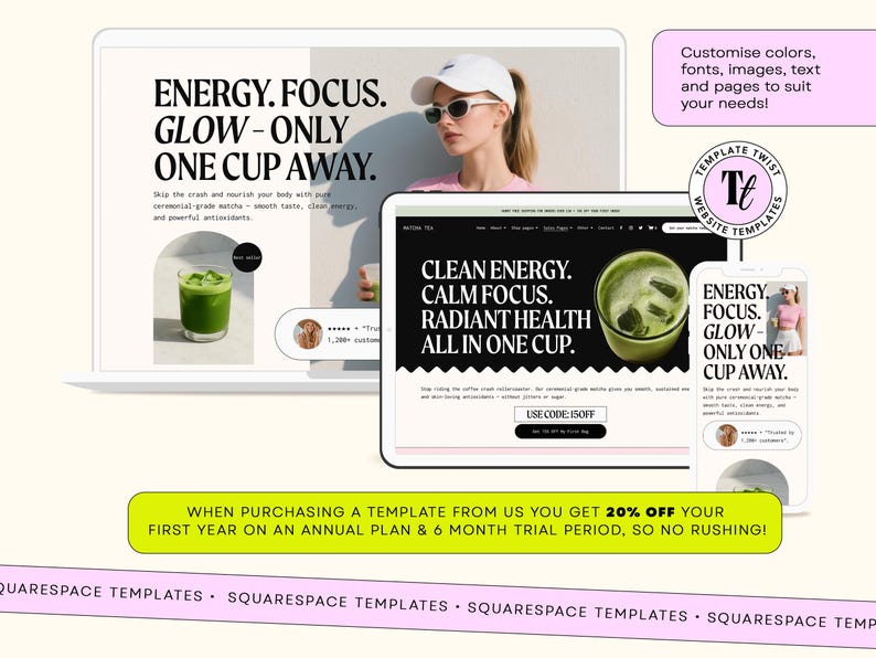 Pu&ograve; includere: Immagine di marketing digitale che mostra modelli di siti Web su laptop, tablet e smartphone. Il design presenta una donna con berretto bianco e occhiali da sole e il testo "ENERGY. FOCUS. GLOW - ONLY ONE CUP AWAY."