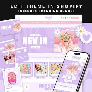 May include: A digital marketing design featuring a website, social media mockups, and branding elements. The design is predominantly purple and white, with the text "EDIT THEME IN SHOPIFY" and "INCLUDES BRANDING BUNDLE". The website displays "SHOP ALL NEW IN".