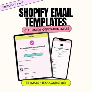 Op de afbeelding: Een afbeelding die Shopify e-mailsjablonen promoot, met een tablet en smartphone. De tablet toont een leveringsbevestiging en de telefoon toont een verzendupdate. Tekst bevat "Shopify Email Templates" en "Customer Notification Emails."