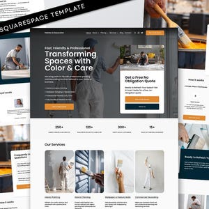 May include: A Squarespace template for a painter and decorator business. The website design features a clean layout with images of painting and decorating services. The text includes "Transforming Spaces with Color & Care" and "Get a Free No Obligation Quote."