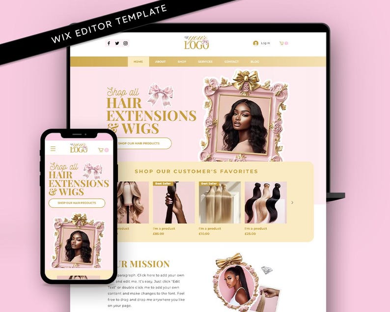 Premade hair extensions website template: responsive design views (desktop and mobile) showing a hero banner with a model wearing long hair extensions, clean navigation menu, product category thumbnails (e.g. bundles, wigs, closures), featured product grid, and call-to-action buttons in a modern, feminine palette.
