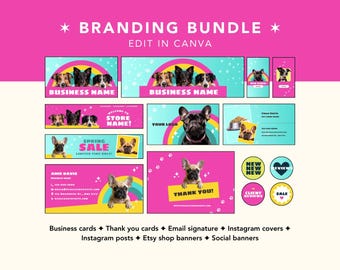 May include: Branding bundle for a pet shop with a pink and blue colour scheme. The bundle includes business cards, thank you cards, email signature, Instagram covers, Instagram posts, Etsy shop banners, and social banners. The images feature dogs with rainbow backgrounds.