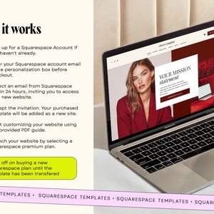 May include: A silver laptop displaying a website template with a red-toned color scheme and a photograph of a person. To the left, a list titled How it works outlines six steps for Squarespace account setup and template transfer instructions.