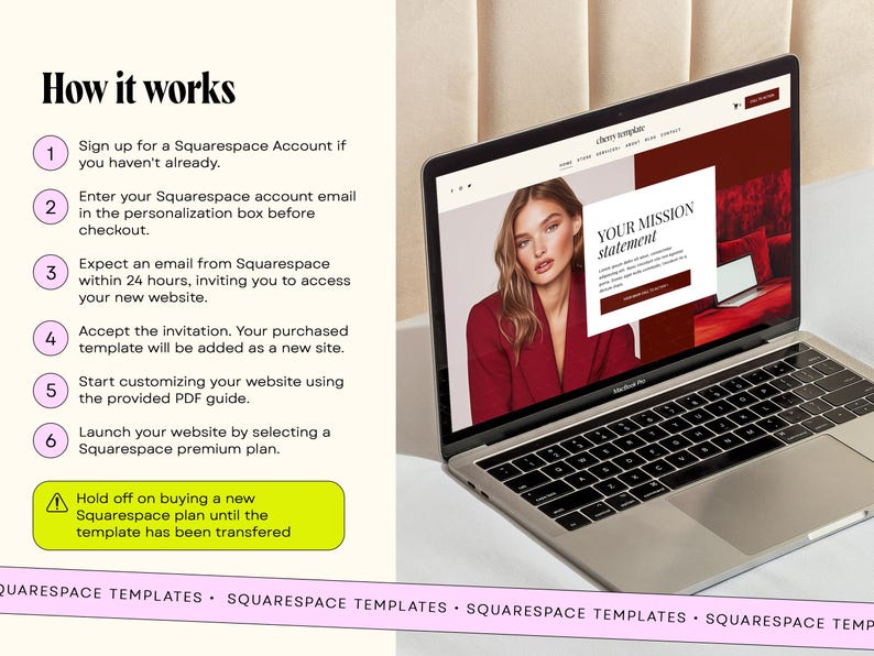 May include: A silver laptop displaying a website template with a red-toned color scheme and a photograph of a person. To the left, a list titled How it works outlines six steps for Squarespace account setup and template transfer instructions.