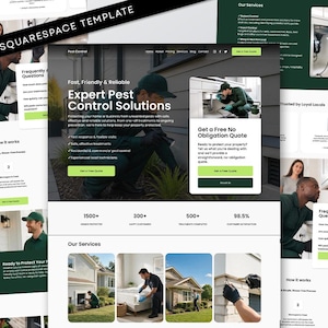 Könnte beinhalten: Eine Squarespace-Website-Vorlage für ein Schädlingsbekämpfungsunternehmen in dunkelgrünem und weißem Farbschema. Das Layout enthält Abschnitte für Dienstleistungen, häufig gestellte Fragen und ein Heldenbild eines Technikers.