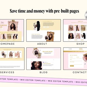 May include: A website template design with six different page layouts. The layouts include a homepage, about page, shop, services, blog, and contact page. The design features a pink and gold color scheme with images of hair extensions and wigs.