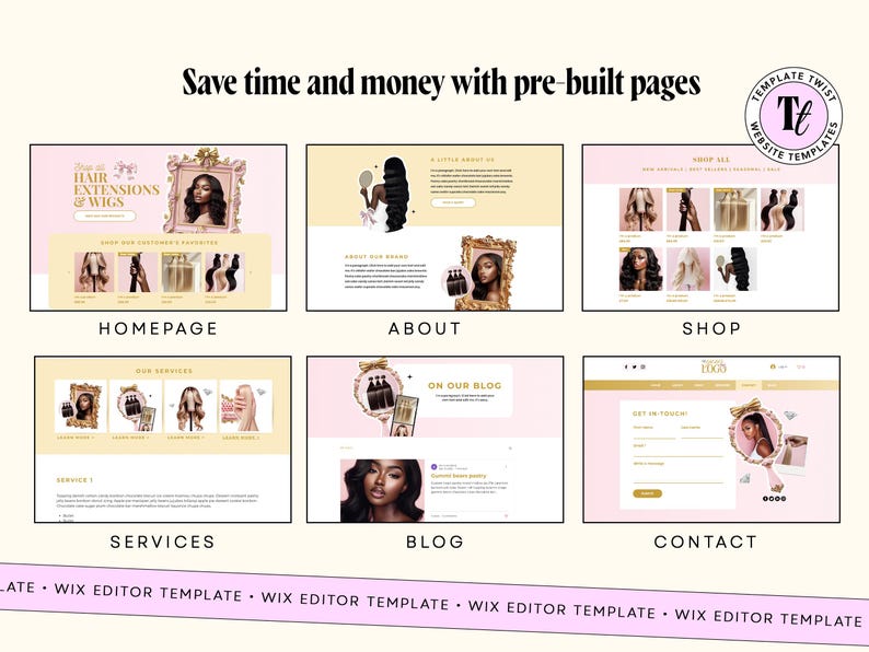 May include: A website template design with six different page layouts. The layouts include a homepage, about page, shop, services, blog, and contact page. The design features a pink and gold color scheme with images of hair extensions and wigs.