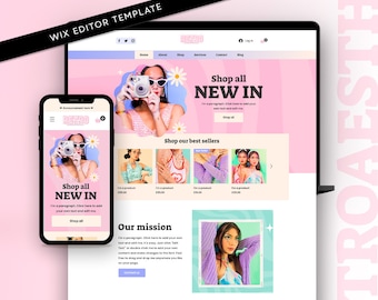 May include: A Wix editor template displayed on a laptop and smartphone screen, featuring a pink and pastel-themed website layout. The design includes a header with the text Retro, navigation menus, product images, and a section titled Our mission.