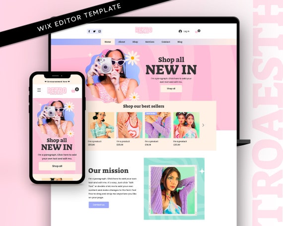 Retro ecommerce, retro wix, website design, wix template nail, template pink, colorful wix, website handmade, blog templates, store website