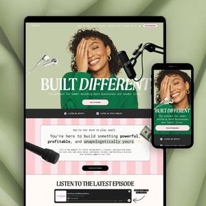 May include: A digital display of a podcast website titled Built Different, featuring a person in a green jumper, microphones, and headphones. The page includes text about building powerful businesses, a pink button, and a black audio player interface.