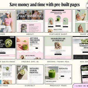 Pu&ograve; includere: Una collezione di modelli di siti web a tema t&egrave; matcha. I modelli includono pagine per home, about, shop e blog, con una combinazione di colori rosa e verde. Il testo include "Risparmia tempo e denaro con pagine predefinite."
