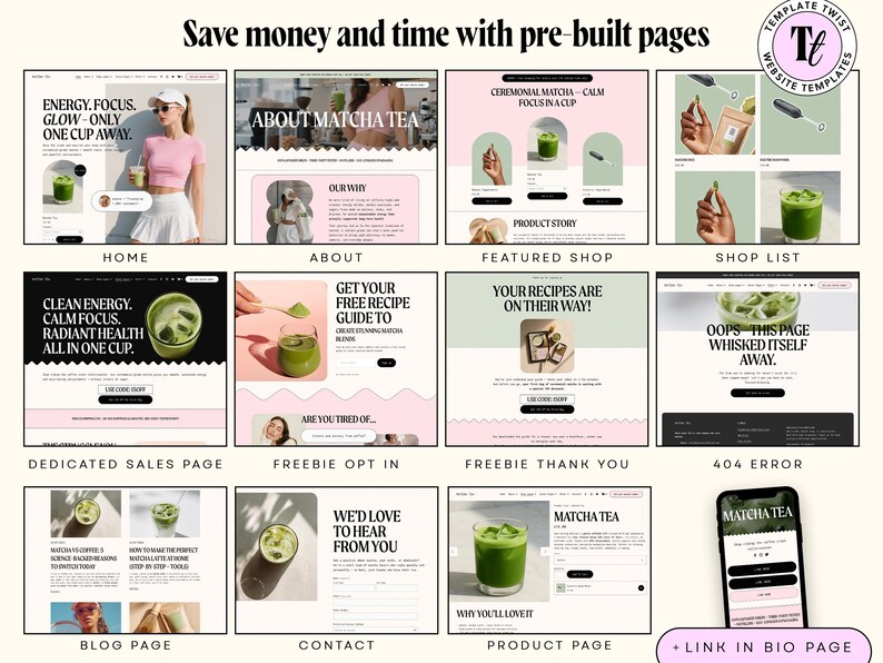 Pu&ograve; includere: Una collezione di modelli di siti web a tema t&egrave; matcha. I modelli includono pagine per home, about, shop e blog, con una combinazione di colori rosa e verde. Il testo include "Risparmia tempo e denaro con pagine predefinite."