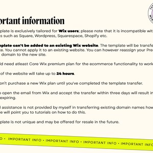 May include: A webpage template with the title "Important information" and a logo for "Template Twist Website Templates." The text explains the template's compatibility with Wix and transfer details, including a 24-hour transfer time.