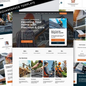 May include: A Squarespace website template for roofing services featuring a hero section with a worker in a hard hat, service categories, project statistics, and a call-to-action button for a free quote, all displayed in a clean, professional layout.