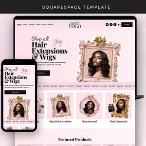 Hair Extensions, Wig Website, Squarespace Template, Hair Business, Hair Extensions, Hair Wig, Hair Entrepreneur, Premade Beauty, Pink Site