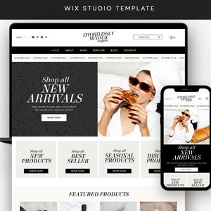 Könnte beinhalten: Eine Website-Startseite für eine Modemarke namens Effortlessly Minimal. Die Website ist in Schwarzweiß gehalten und hat ein minimalistisches Design. Die Startseite enthält ein Bannerbild einer Frau mit Sonnenbrille und einem weißen Bademantel, die ein Sandwich isst. Der Bannertext lautet "Shop all New Arrivals". Unter dem Banner befinden sich vier Abschnitte: Shop all New Products, Shop all Best Seller, Shop all Seasonal Products und Shop all Discounted Products. Die Website bietet außerdem einen Abschnitt namens "Featured Products".