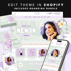 May include: A digital marketing design featuring a website, social media posts, and business cards. The design includes the text "SHOP ALL NEW IN" and "EDIT THEME IN SHOPIFY INCLUDES BRANDING BUNDLE". The color scheme is pastel purple and white with daisy accents.