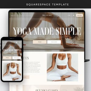 Könnte beinhalten: Eine Website für ein Yoga-Studio mit dem Text "Yoga Made Simple" und Bildern von Menschen, die Yoga-Posen einnehmen. Die Website hat einen weißen Hintergrund mit schwarzem Text und Bildern.