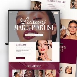 May include: A laptop displaying a website for a luxury makeup artist. The website features a woman with bold red lipstick and the text "Luxury Makeup Artist." Additional images show makeup application and services.