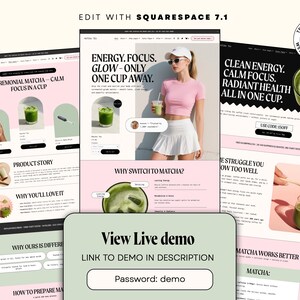 Pu&ograve; includere: Un modello di sito web che presenta il t&egrave; matcha. Il design presenta una donna che tiene in mano una bevanda al matcha, insieme al testo "Energia, concentrazione, splendore - a una sola tazza di distanza". Il design include il testo "View Live demo" e "Password: demo".