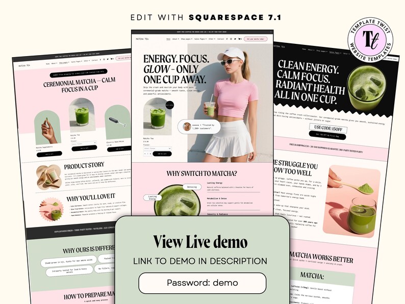Pu&ograve; includere: Un modello di sito web che presenta il t&egrave; matcha. Il design presenta una donna che tiene in mano una bevanda al matcha, insieme al testo "Energia, concentrazione, splendore - a una sola tazza di distanza". Il design include il testo "View Live demo" e "Password: demo".