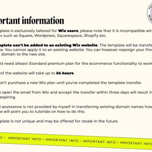 Może przedstawiać: Ważne informacje dotyczące szablonu strony internetowej Wix. Ten szablon jest przeznaczony wyłącznie dla użytkownik&oacute;w Wix i jest niezgodny z innymi platformami, takimi jak Square, Wordpress, Squarespace, Shopify itp. Szablon zostanie przeniesiony jako nowa strona i nie można go dodać do istniejącej strony internetowej Wix. Możesz jednak przenieść sw&oacute;j plan Premium i domenę na nową stronę. Będziesz potrzebować co najmniej planu Premium Standard, aby funkcja e-commerce działała. Przeniesienie strony internetowej zajmie do 24 godzin. Nie kupuj nowego planu Wix, dop&oacute;ki nie zakończysz przenoszenia szablonu. Jeśli nie otworzysz wiadomości e-mail od Wix i nie zaakceptujesz przeniesienia w ciągu trzech dni, przeniesienie wygaśnie. Pomoc i wsparcie w przenoszeniu istniejących nazw domen nie jest świadczone przeze mnie, ale przewodnik PDF skieruje Cię do samouczk&oacute;w, jak to zrobić. Ten szablon nie jest unikalny i może być oferowany do odsprzedaży w przyszłości.
