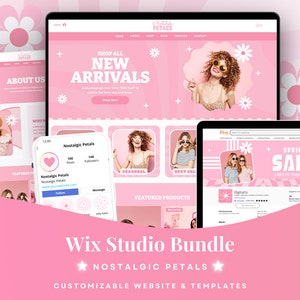 May include: A pink and white website design template for an online shop called "Nostalgic Petals". The website features a pink and white colour scheme with a floral design. The website includes a "Shop All New Arrivals" section, a "Featured Products" section, and a "Seasonal" section. The website also includes a social media feed with a heart icon, a number of posts, and a number of followers.