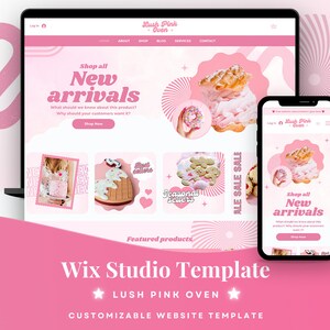 Puede incluir: Una plantilla de sitio web de Wix Studio titulada Lush Pink Oven mostrada en una pantalla de portátil y smartphone. La interfaz presenta una paleta de colores rosa, un menú de navegación e imágenes de diversos productos de pastelería.