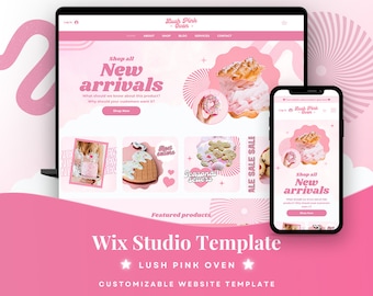 May include: A Wix Studio website template titled Lush Pink Oven displayed on a laptop and smartphone screen. The interface features a pink color palette, navigation menu, New Arrivals section, and images of various baked goods and pastries.