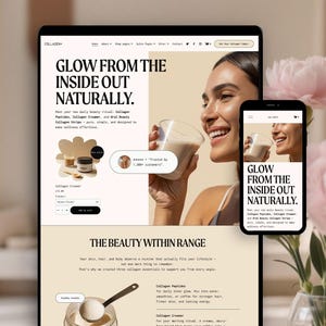 May include: A website design for a collagen product, displayed on a tablet and smartphone. The text reads "GLOW FROM THE INSIDE OUT NATURALLY." A woman is smiling while holding a glass of a creamy drink. Pink flowers are in the background.