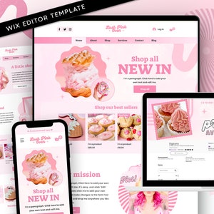 May include: A Wix editor template with a pink theme. The design features a website layout displayed on a laptop, tablet, and smartphone. The website showcases baked goods, with the text "Shop all NEW IN" prominently displayed.