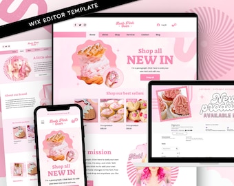 May include: A Wix editor website template displayed on a laptop, a smartphone, and a tablet screen. The design features a pink color palette, images of pastries, and text including Lush Pink Oven, Shop all NEW IN, and New products available.